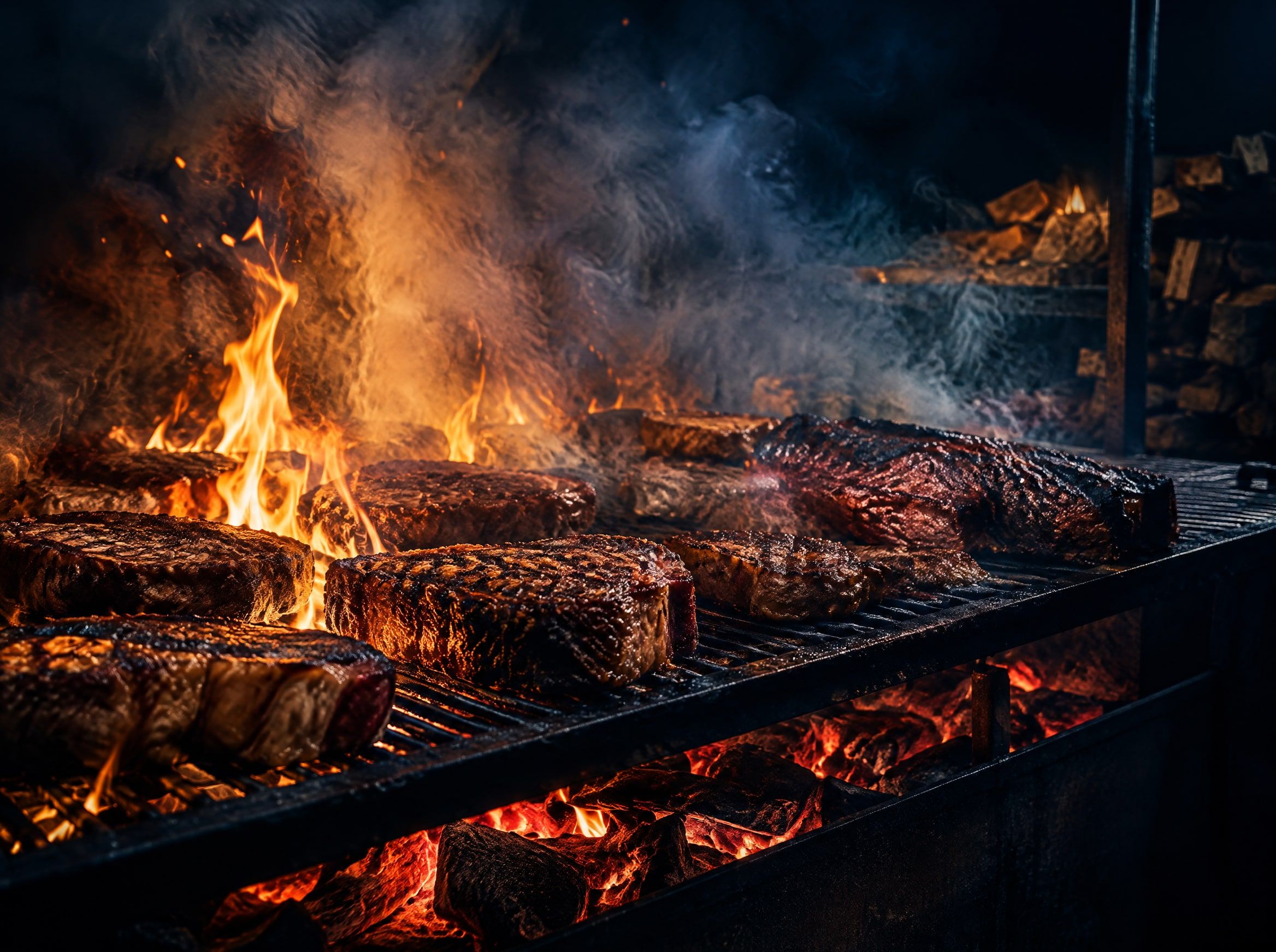 Steaks and ribs searing on a wide open-fire grill, flames and smoke rising over the coals