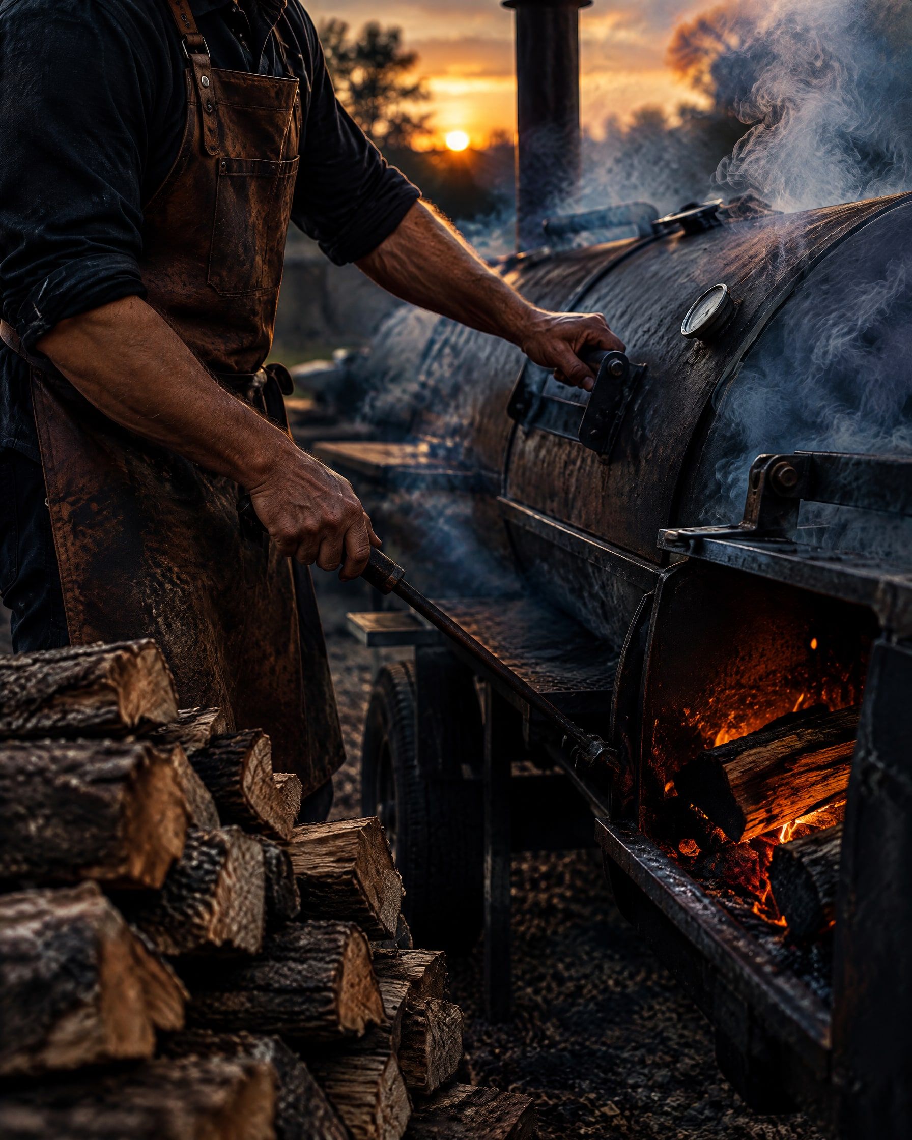 The pitmaster tending the firebox of a big offset smoker, split oak stacked beside him